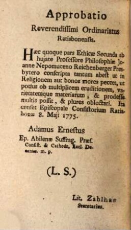 Cursus Biennalis Philosophiae Et Matheseos Universae. [15], [Ethicae P. II.]