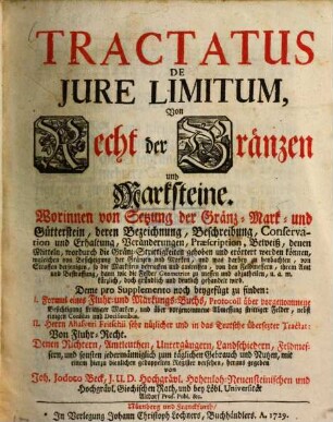 Tractatus de iure limitum : von Recht d. Gränzen u. Marksteine ; worinnen von Setzung d. Gränz-, Marku. Gütterstein, deren Bezeichnung, Beschreibung ... gehandelt wird