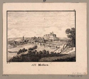 Stadtansicht von Meißen, Blick vom rechten Elbufer auf den Burgberg und die Brücke (fünfter Zustand 1815 bis 1866)