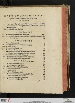 Ordo locorvm et capitum, qorum explicatio in hoc libro continetur