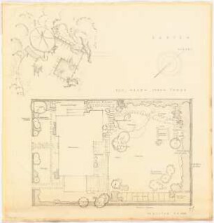 Garten Troye, Berlin-Westend: Lageplan mit Gartenplan 1:100, perspektivische Ansicht (Vogelschau) der Sitzecke am Wasserbecken