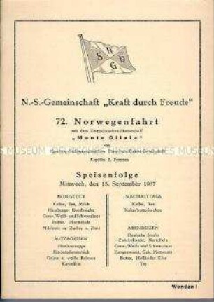 Speiseplan und Tagesprogramm für den 15. September - Sachkonvolut