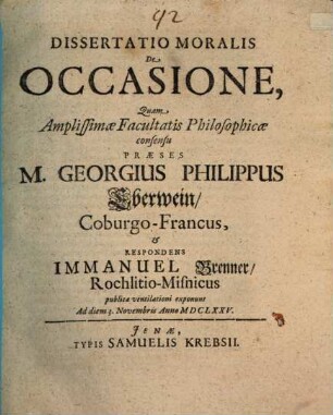 Dissertatio Moralis De Occasione