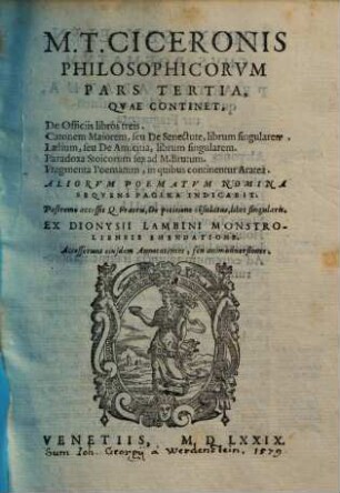 M. T. Ciceronis opera omnia, quae extant, 9. Philosophicorum librorum pars tertia
