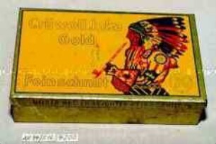 Blechdose für Tabak "Crüwell Inka Gold Feinschnitt" (Abbildung eines rauchenden Indianers)