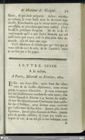 Lettre CXVIII. A la même. A Paris, Mécredi 20. Janvier, 1672