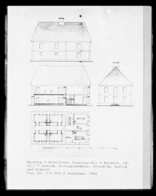 Schloß, Gefangenenhaus, Grundriß, Aufriß und Schnitt
