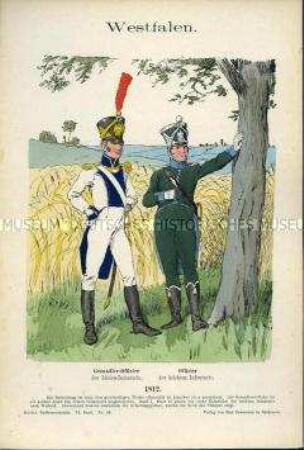 Uniformdarstellung, Offiziere der Linien-Infanterie bzw. der Leichten Infanterie, Königreich Westphalen, 1812.
