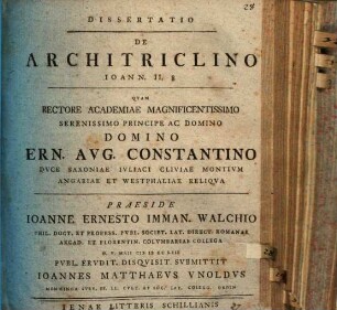 Dissertatio De Architriclino : Ioann. II, 8.