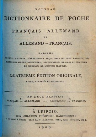 Nouveau dictionnaire de poche Français-Allemand et Allemand-Français : enrichi des mots nouveaux .... 2., Allemand-Français