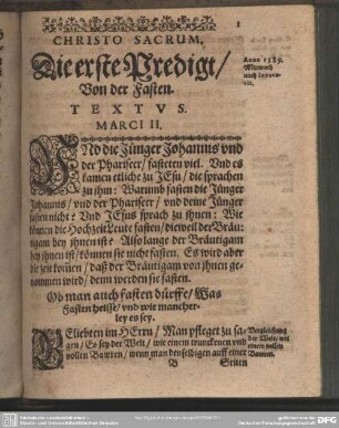 Christo Sacrum. Die erste Predigt, Von der Fasten. Textus. Marci II