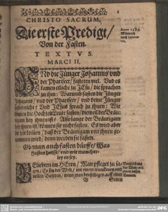 Christo Sacrum. Die erste Predigt, Von der Fasten. Textus. Marci II