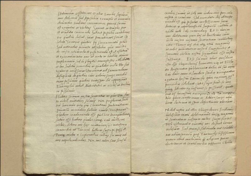Von etlichen protestantischen Theologen am 10. März 1540 auf Verlangen in Schmalkalden gestelltes Bedenken, in welchen Stücken bei dem bevorstehenden Gespräch und Versuch einer Vereinigung in der Lehre der Augsburgischen Konfession nachzugeben sei. Unterschrieben haben dieses Bedenken von Sachsen Justus Jonas D., Johann Bugenhagen D., Caspar Kreuzinger D. und Philipp Melanchthon; von Hessen Antonius Corvinus, Johann Rimaus, Balthasar Caidus; von Herzog Heinrich von Sachsen Nikolaus Scheubel; von Magdeburg Nikolaus Amsdorf; von Nassau Erasmus Sartorius; von Straßburg Martin Bucerius; von Bremen Johann Amsterdamus. Württemberg, Anhalt, Hamburg, Braunschweig, Goslar, Ulm, Esslingen, Hall, Heilbronn und Memmingen haben ihre Bedenken schriftlich überschickt. Schreiben von den Nürnberger Theologen an Luther, Jonas, Bugenhagen und Melanchthon mit Versicherung der Übereinstimmung ihrer Lehren mit jener und ihrer Beharrung darauf nebst einem Schreiben von Luther u.a. mit Mitteilung ihrer Meinungen über das bevorstehende Gespräch.