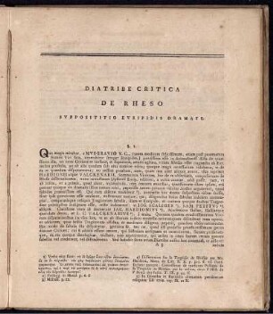 Diatribe Critica de Rheso supposititio Euripidis Dramate. §. 1. - §. 16.