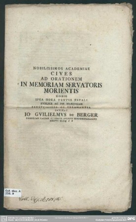 Nobilissimos Academiae Cives Ad Orationem In Memoriam Servatoris Morientis Hodie Ipsa Hora Tertia Fatali Publice Ac Pie Habendam Perofficiose Ac Peramanter