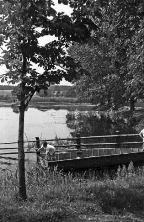 Drahtteich: vorn Böschung mit Baum: rechts Boot: darin Frau: dahinter Geländer: hinten Bäume