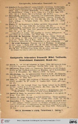 Kunstgewerbe, insbesondere Ornamentik. Möbel, Textilwerke, Schmiedekunst, Glasmalerei, Mosaik etc (Nr. 523 - 611)