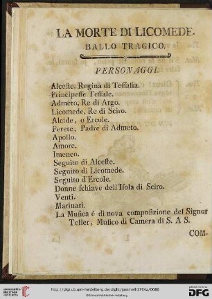 La morte di Licomede: ballo tragico / La mort de Licomede: ballet tragique