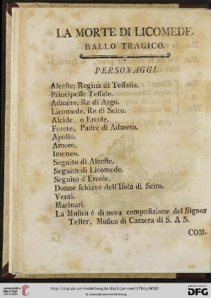 La morte di Licomede: ballo tragico / La mort de Licomede: ballet tragique