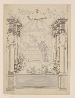 Entwurf für eine Bildvorlage (Heiliger Bernhard von Clairvaux) mit illusionistischer Architekturrahmung und Emblemen