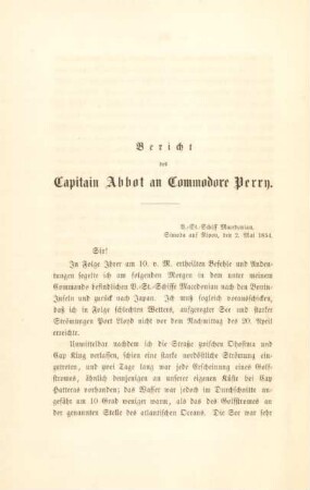 Bericht des Capitain Abbot an Commodore Perry