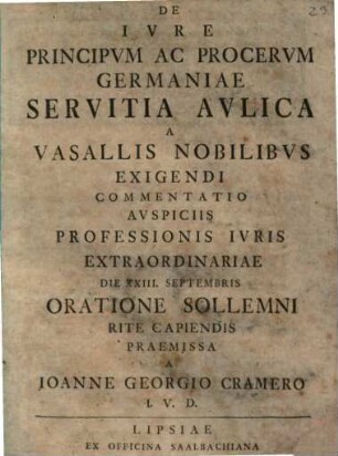De ivre principvm ac procervm Germaniae servitia avlica a vasallis nobilibvs exigendi commentatio