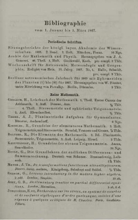 Bibliographie vom 1. Januar bis 1. März 1867.
