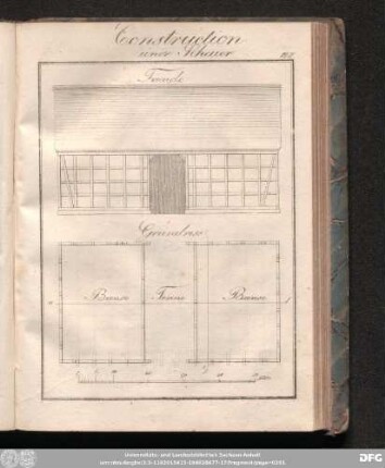 [Constructionen mit Grundrissen von landwirthschaftlichen Gebäuden.]