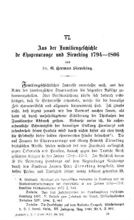 Aus der Familiengeschichte de Chapeaurouge und Sieveking 1794 - 1806