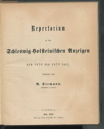 Repertorium zu den Schleswig-Holsteinischen Anzeigen von 1859 bis 1879 incl.