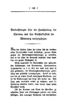 Beobachtungen über die Haushaltung der Spinnen, und ihre Geschicklichkeit die Witterung vorherzusagen