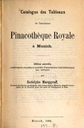 Catalogue des Tableaux de l'ancienne Pinacothèque Royale à Munich