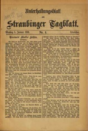 Straubinger Tagblatt. Unterhaltungsblatt zum Straubinger Tagblatt. 1891