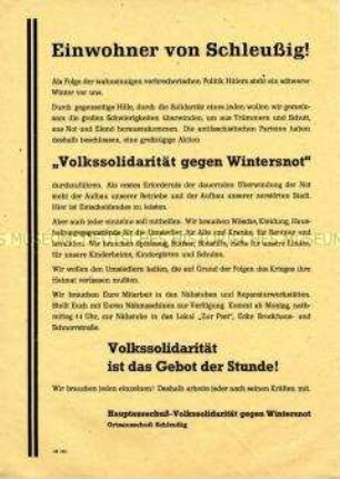 Aufruf des Hauptausschusses Volkssolidarität zur Wäsche- und Sachspende und zur Mitarbeit in Nähstuben und Reparaturwerkstätten