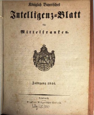 Königlich Bayerisches Intelligenzblatt für Mittelfranken. 1846