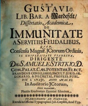 Diss. acad. de immunitate a servitiis feudalibus