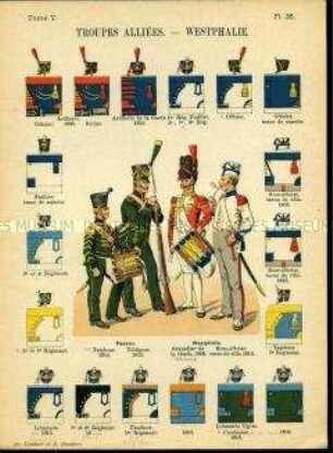 Uniformdarstellung, Nassauer Tambour und Voltigeur, Grenadier-Tambour und -Unteroffizier der Königlich Westphälischen Infanterie, Detailstudien von Kopfbedeckungen und Abzeichen der Alliierten Nassauischen und Königlich Westphälischen Regimenter, Frankreich, 1809/1812.
