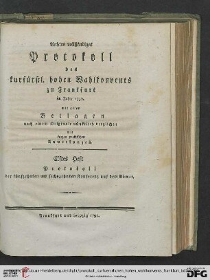 Elftes Heft: Protokoll der fünfzehnten und sechszehnten Konferenz auf dem Römer