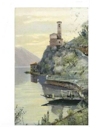 Kirche in südländischer Berglandschaft mit See