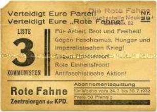 Quittung für ein Abonnement der KPD-Zeitung "Rote Fahne"