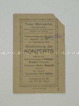 Eintrittskarte des "Freien Männerchores" Dresden-Löbtau zu einem Konzert aus der Zeit der Inflation (Preis 30 Mk)