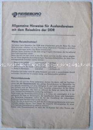 Merkblatt des Reisebüros der DDR mit allgemeinen Hinweisen für Auslandsreisende