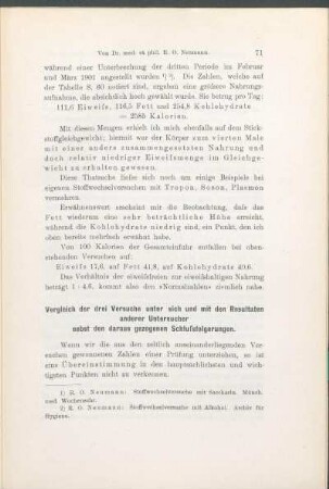 Vergleich der drei Versuche unter sich und mit den Resultaten anderer Untersucher nebst den daraus gezogenen Schlussfolgerungen.