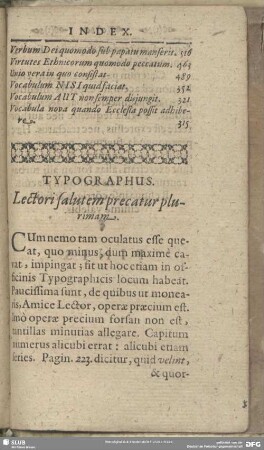 Typographus. Lectori salutem precatur plurimam