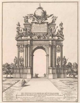 Ephemerer Triumphbogen auf dem Kapitolsplatz in Rom anlässlich der feierlichen Inbesitznahme ("Possesso") der Lateransbasilika durch Papst Clemens XI. im Jahr 1701