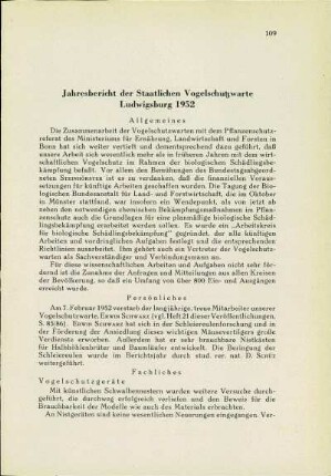 Jahresbericht der Staatlichen Vogelschutzwarte Ludwigsburg 1952