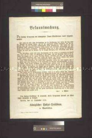 Maueranschlag: Bekanntmachung der Regierungsprogramms des Ministeriums Pfuel; Berlin, 22. September 1848