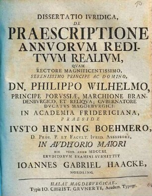 Dissertatio Ivridica, De Praescriptione Annvorvm Reditvvm Realivm