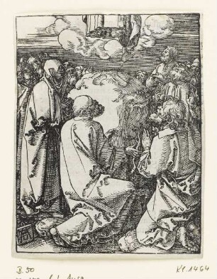 Himmelfahrt, Blatt 35 aus: Albrecht Dürer, "Passio Christi ab Alberto Durer Nurenbergensi effigiata cum varij generis carminibus Fratris Benedicti Chelidonij Musophili", Nürnberg 1511, S. Eiij