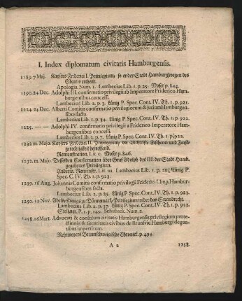 I. Index diplomatum civitatis Hamburgensis